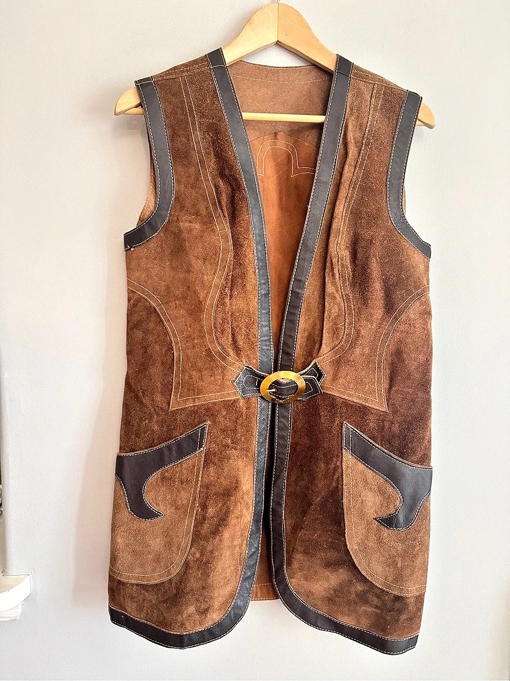 VTG 70s Western Brown Suede Long Longline Vest Leather Trim Brass Buckle